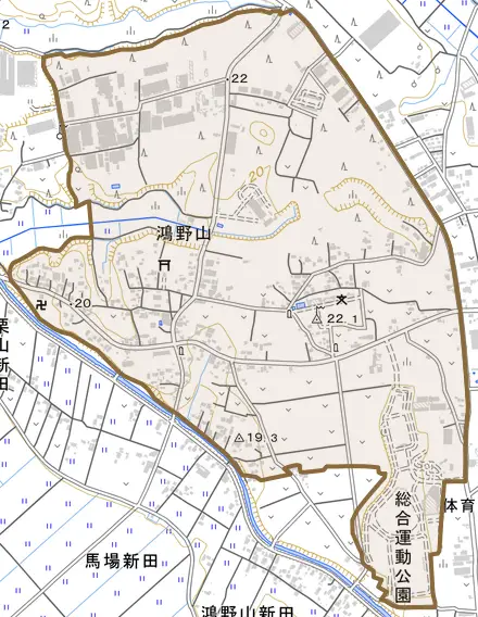 鴻野山とその周辺の地図。町の範囲を重ねている