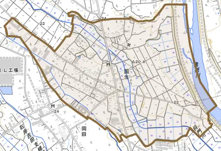 国生とその周辺の地図。町の範囲を重ねている