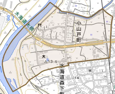 小山戸町とその周辺の地図。町の範囲を重ねている