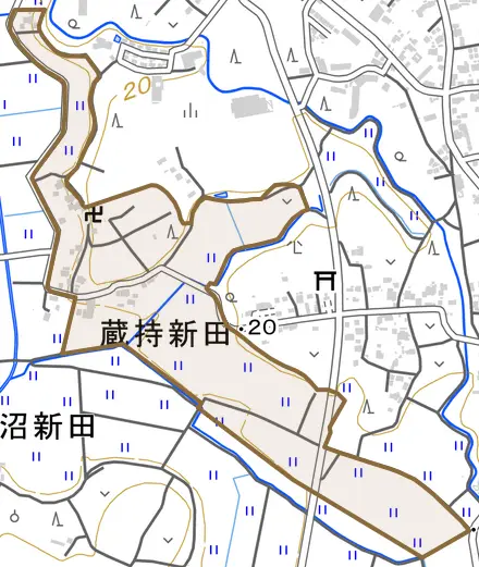 蔵持新田とその周辺の地図。町の範囲を重ねている
