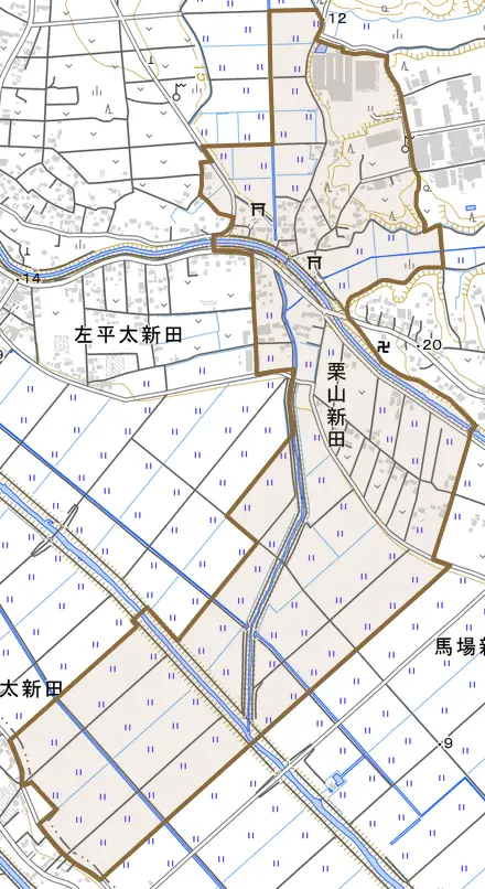 栗山新田とその周辺の地図。町の範囲を重ねている