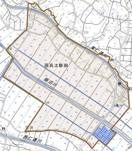 孫兵ヱ新田とその周辺の地図。町の範囲を重ねている