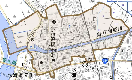 水海道橋本町とその周辺の地図。町の範囲を重ねている