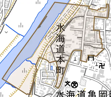 水海道本町とその周辺の地図。町の範囲を重ねている