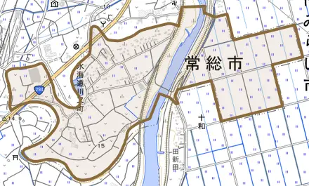 水海道川又町とその周辺の地図。町の範囲を重ねている