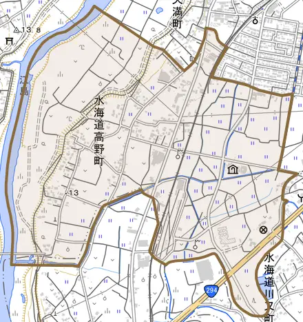 水海道高野町とその周辺の地図。町の範囲を重ねている