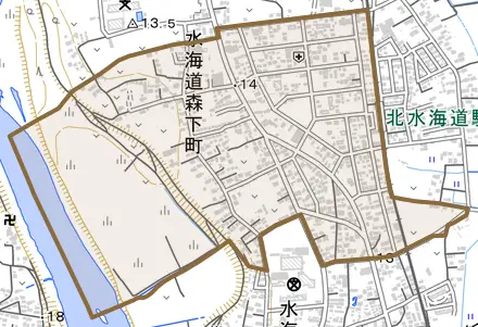 水海道森下町とその周辺の地図。町の範囲を重ねている