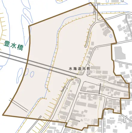 水海道元町とその周辺の地図。町の範囲を重ねている