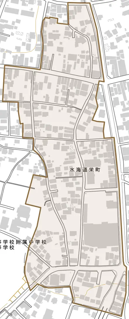 水海道栄町とその周辺の地図。町の範囲を重ねている
