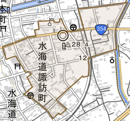 水海道諏訪町とその周辺の地図。町の範囲を重ねている