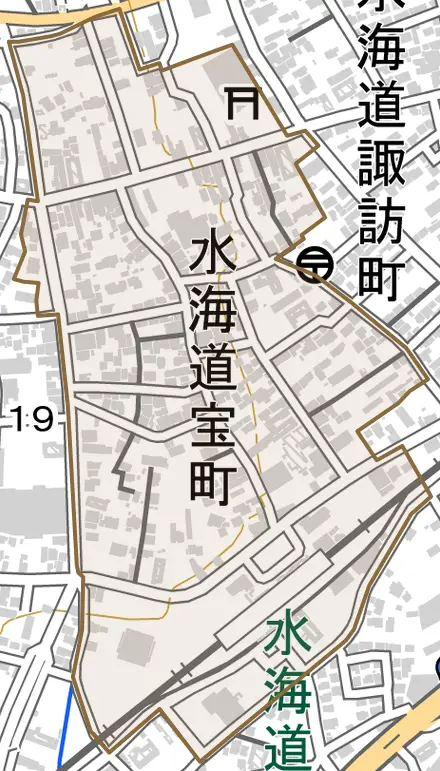 水海道宝町とその周辺の地図。町の範囲を重ねている