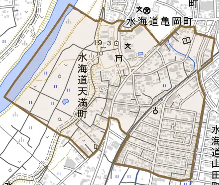 水海道天満町とその周辺の地図。町の範囲を重ねている
