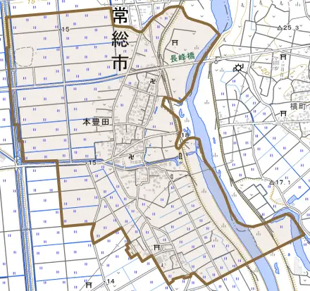 本豊田とその周辺の地図。町の範囲を重ねている