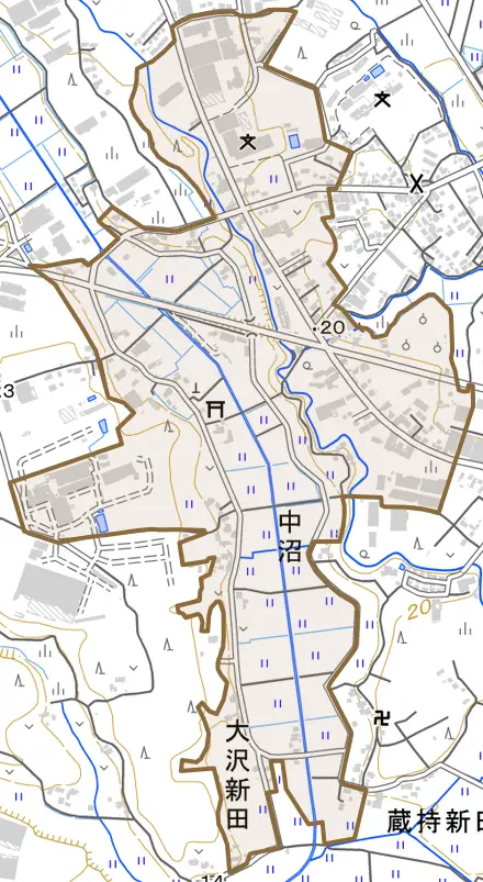 中沼とその周辺の地図。町の範囲を重ねている