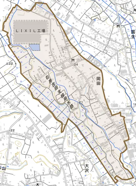 岡田とその周辺の地図。町の範囲を重ねている
