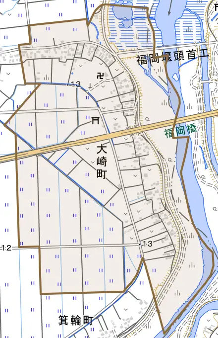 大崎町とその周辺の地図。町の範囲を重ねている