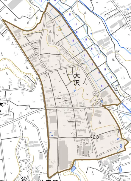 大沢とその周辺の地図。町の範囲を重ねている