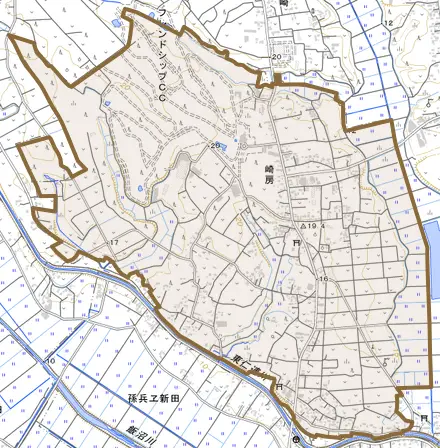 崎房とその周辺の地図。町の範囲を重ねている