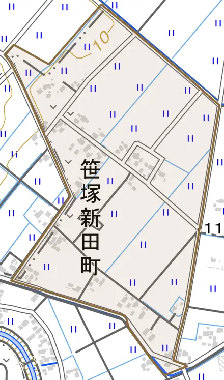 笹塚新田町とその周辺の地図。町の範囲を重ねている