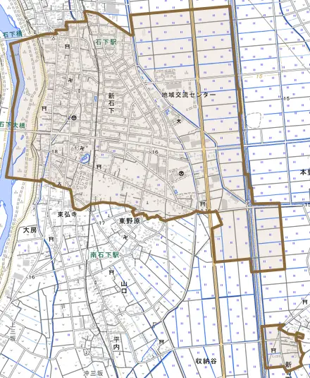 新石下とその周辺の地図。町の範囲を重ねている