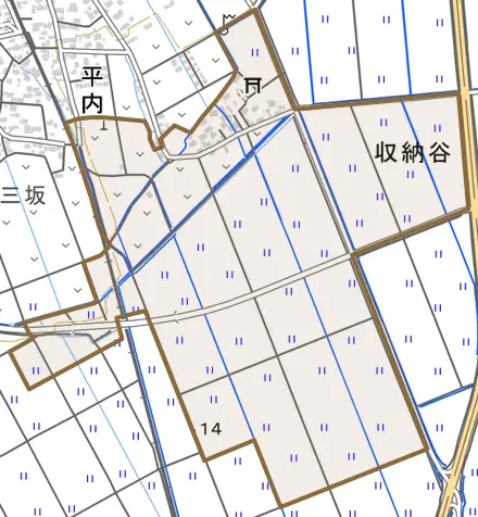 収納谷とその周辺の地図。町の範囲を重ねている