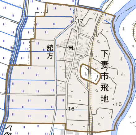 舘方とその周辺の地図。町の範囲を重ねている