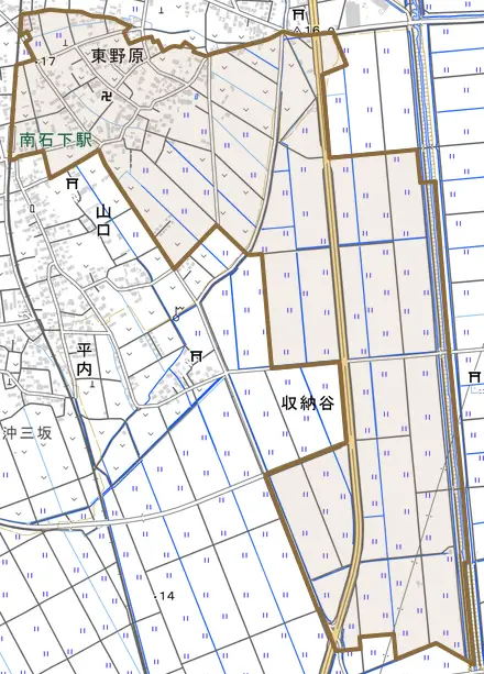 東野原とその周辺の地図。町の範囲を重ねている