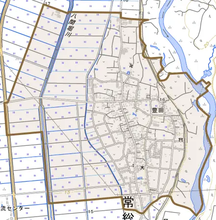 豊田とその周辺の地図。町の範囲を重ねている