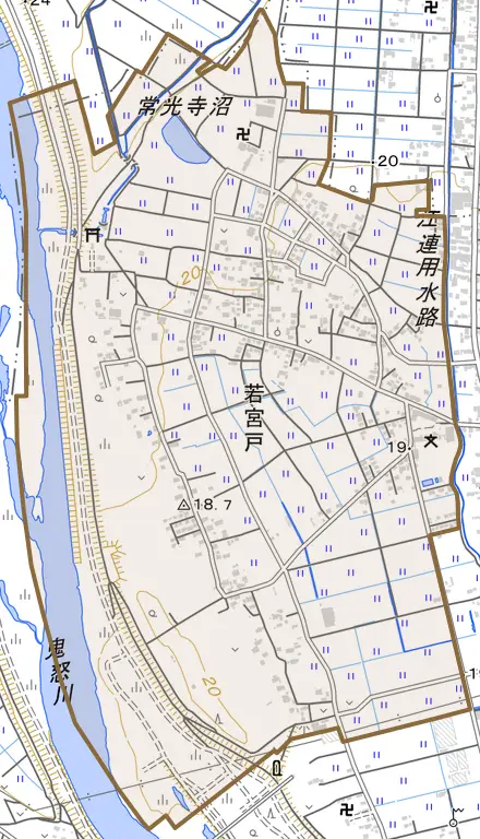 若宮戸とその周辺の地図。町の範囲を重ねている