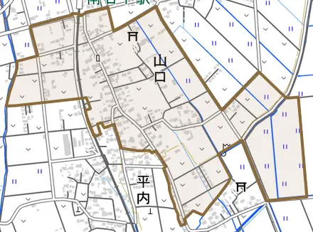 山口とその周辺の地図。町の範囲を重ねている