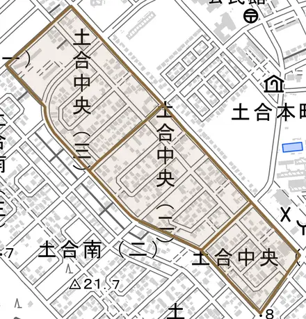 土合中央とその周辺の地図。町の範囲を重ねている