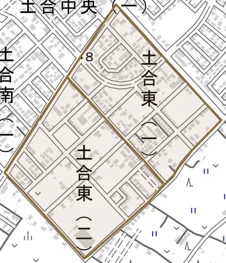 土合東とその周辺の地図。町の範囲を重ねている
