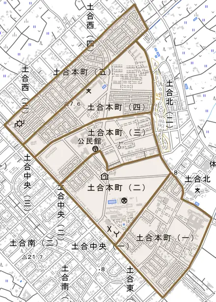 土合本町とその周辺の地図。町の範囲を重ねている