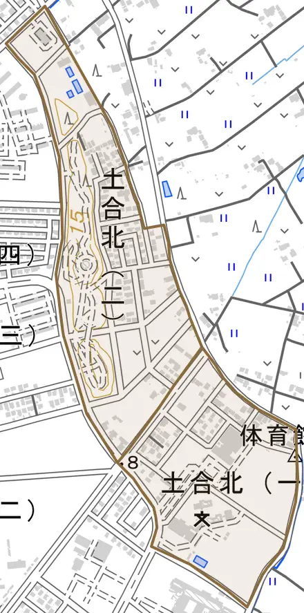 土合北とその周辺の地図。町の範囲を重ねている