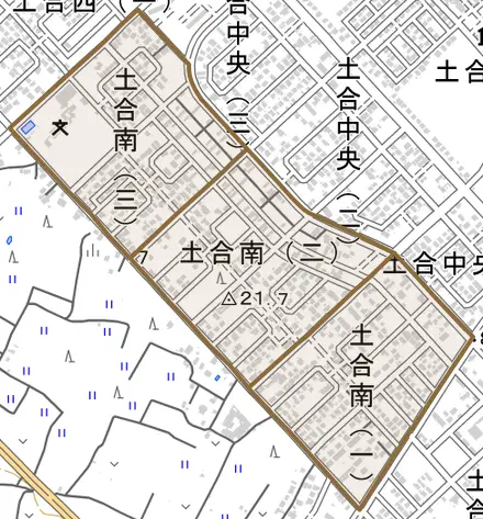 土合南とその周辺の地図。町の範囲を重ねている