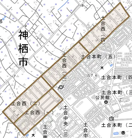 土合西とその周辺の地図。町の範囲を重ねている