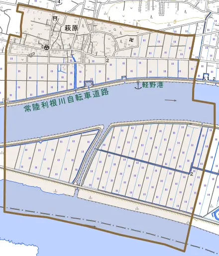 萩原とその周辺の地図。町の範囲を重ねている