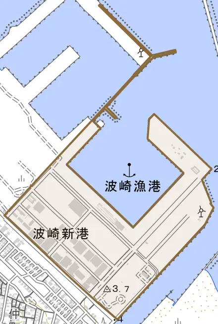 波崎新港とその周辺の地図。町の範囲を重ねている