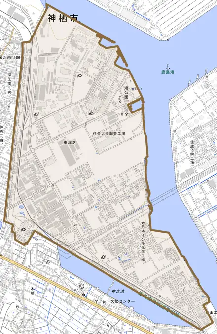東深芝とその周辺の地図。町の範囲を重ねている