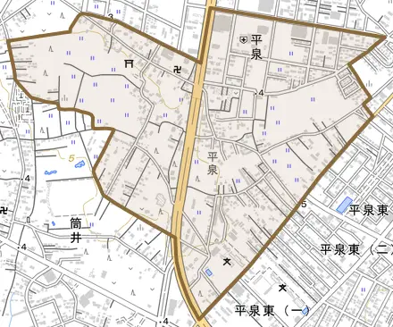 平泉とその周辺の地図。町の範囲を重ねている