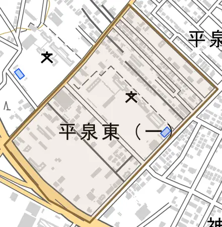 平泉東とその周辺の地図。町の範囲を重ねている