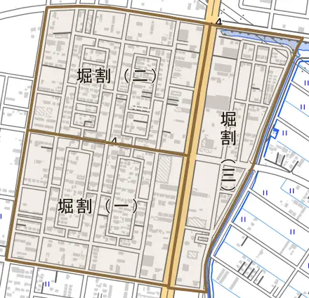 堀割とその周辺の地図。町の範囲を重ねている