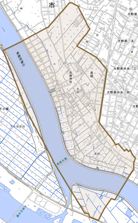 息栖とその周辺の地図。町の範囲を重ねている