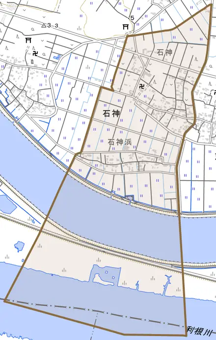 石神とその周辺の地図。町の範囲を重ねている