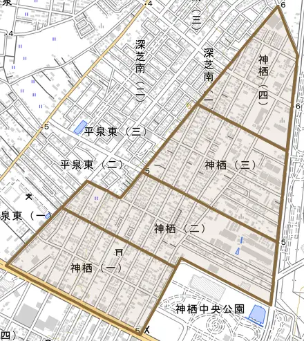 神栖とその周辺の地図。町の範囲を重ねている