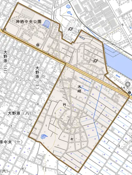 木崎とその周辺の地図。町の範囲を重ねている