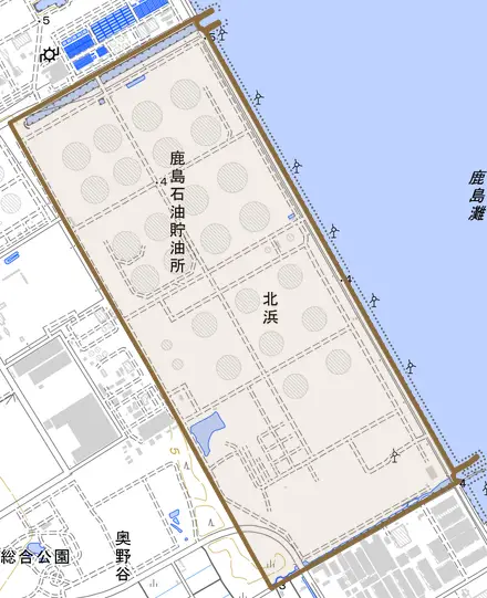 北浜とその周辺の地図。町の範囲を重ねている