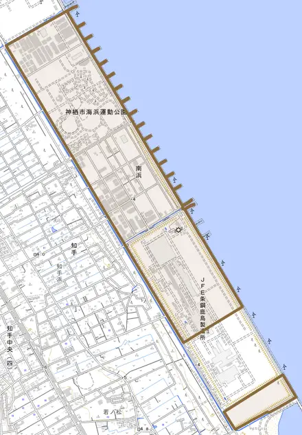 南浜とその周辺の地図。町の範囲を重ねている