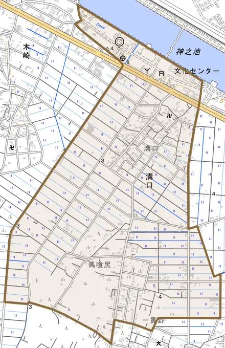 溝口とその周辺の地図。町の範囲を重ねている