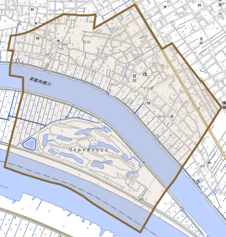 日川とその周辺の地図。町の範囲を重ねている